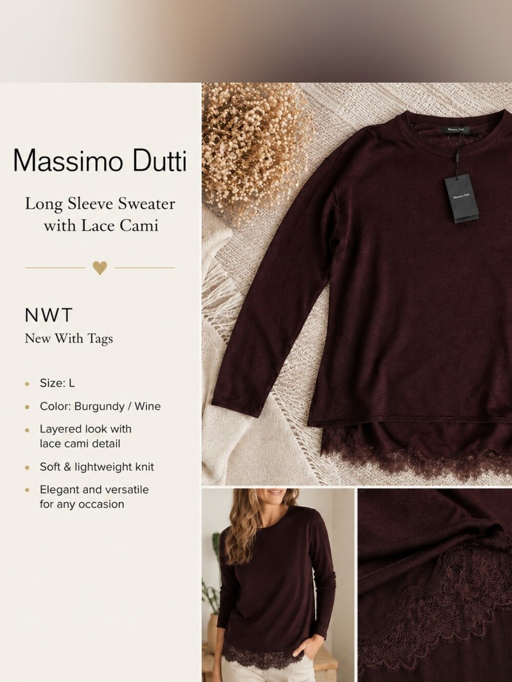 Massimo Dutti Burgundy Lace-Hem Long Sleeve Top